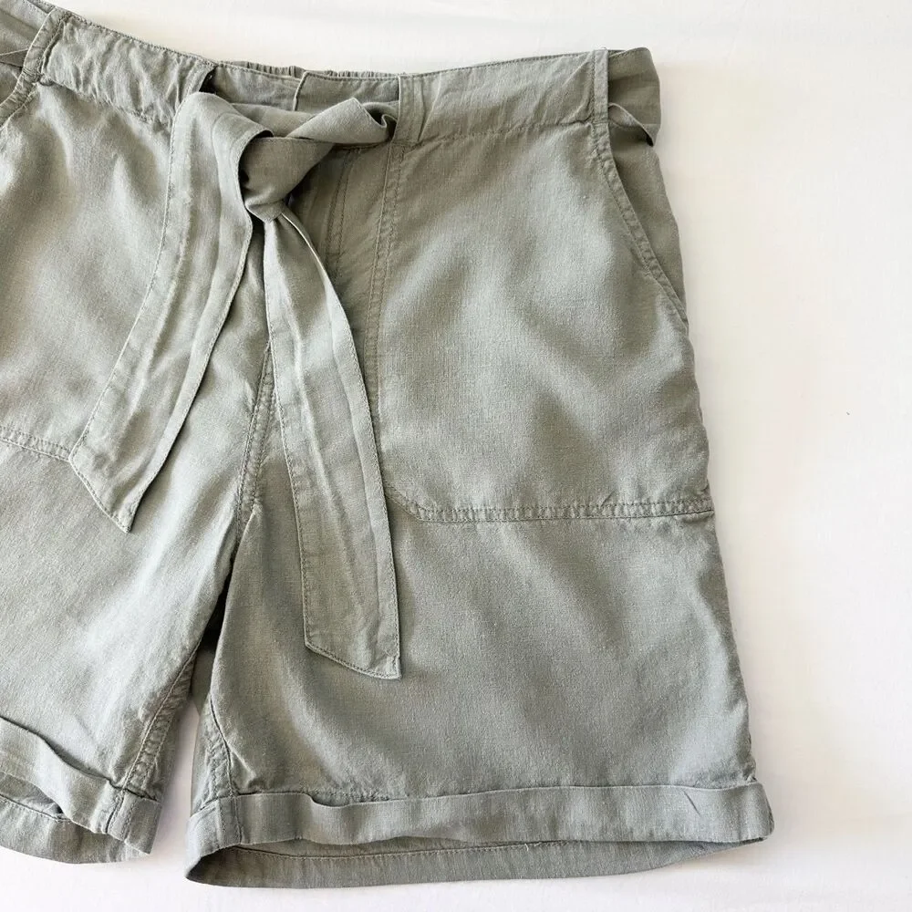 FatFace Linen Blend Shorts Womens US 6 Green Pistachio Tie Waist Cuffed Paperbag